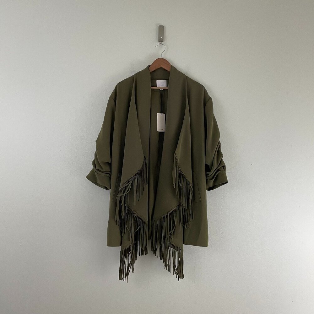 Cinq a Sept Azura Fringe Open Front Jacket in Military Olive Size 4